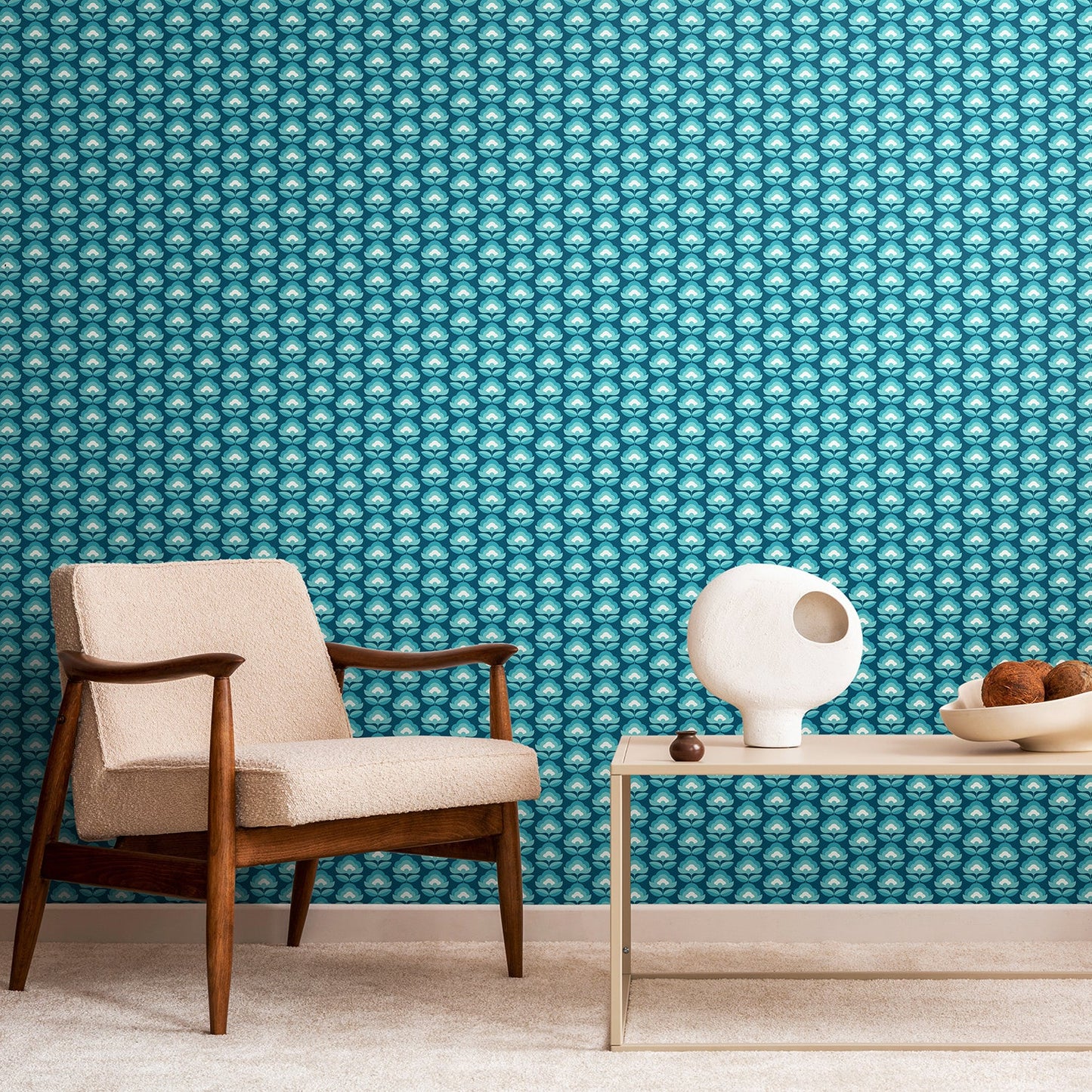 Retro Flower - Blooms Wallpaper - Teal Mix