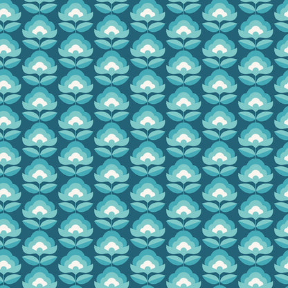 Retro Flower - Blooms Wallpaper - Teal Mix