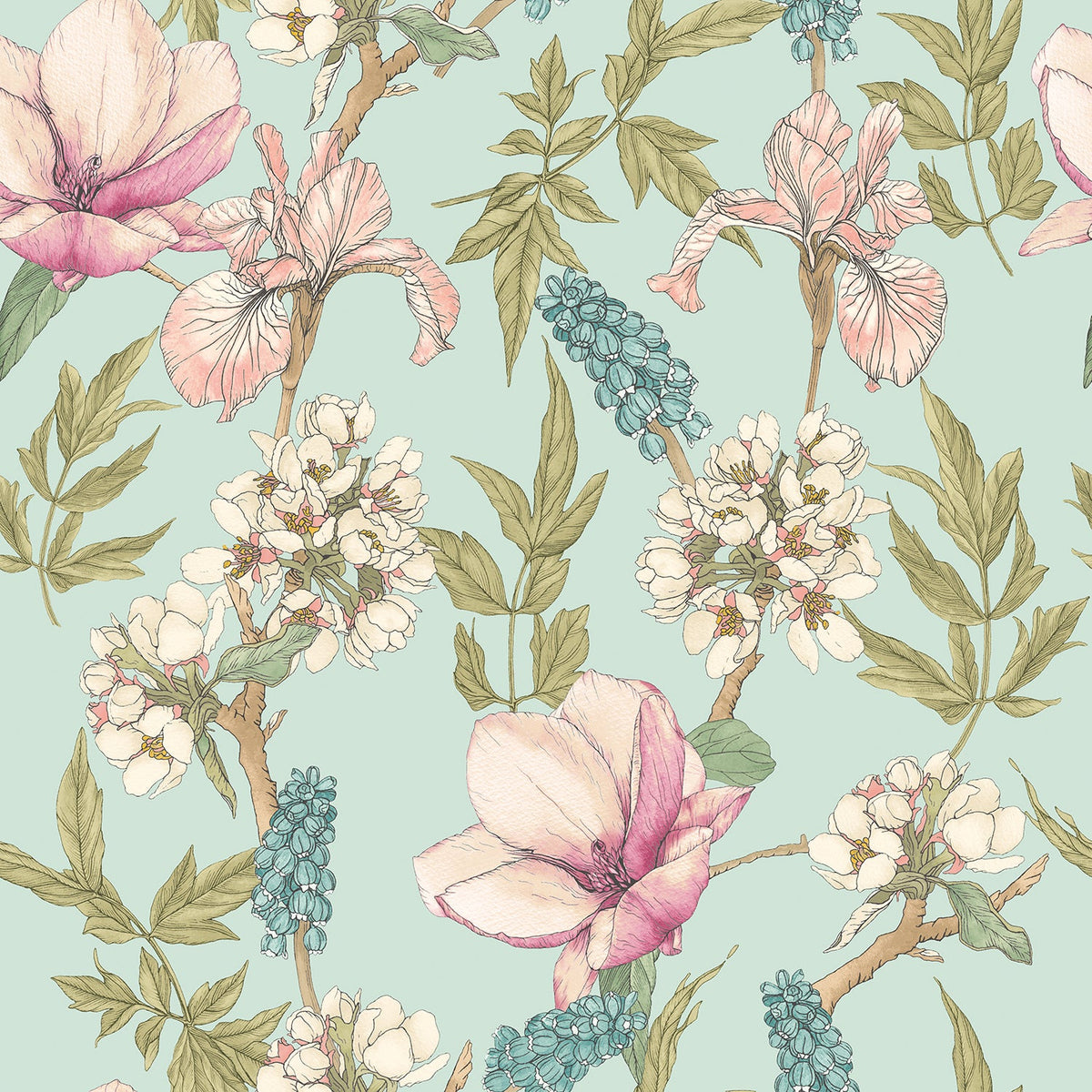 Sample - Orchid Bloom Wallpaper - Duck Egg & Blush