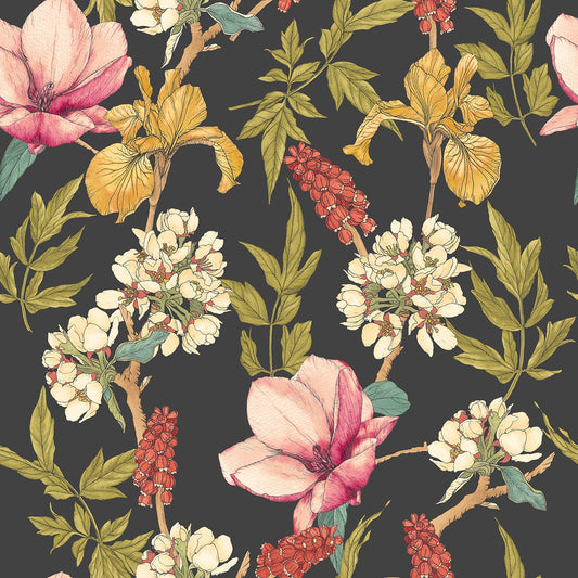 Orchid Bloom Wallpaper - Ebony & Raspberry