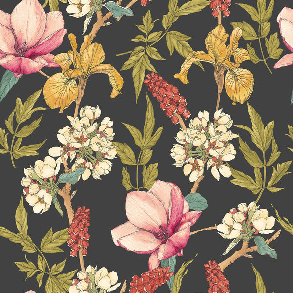Sample - Orchid Bloom Wallpaper - Ebony & Raspberry