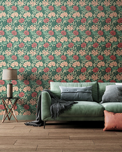 Chrysanthemum - Eden by Morris Wallpaper - Green/Pink