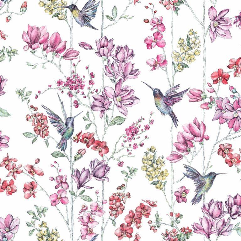 Sample - Hummingbird Charm Wallpaper - White