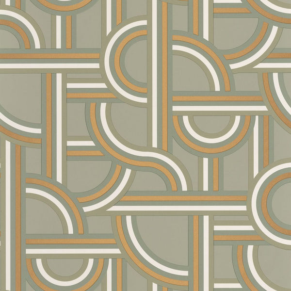 Sample - Impass Art Deco Wallpaper - Sage/Gold