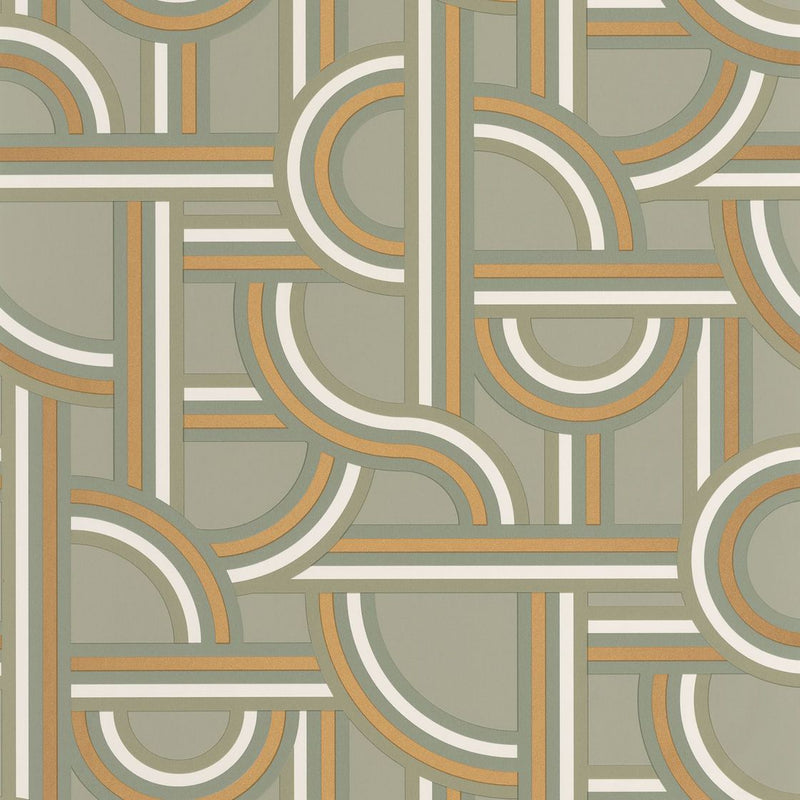 Sample - Impass Art Deco Wallpaper - Sage + Gold