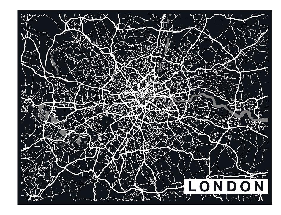City Map Many Cities - Custom Sized Wallpaper Mural (per m2) - London Ebony