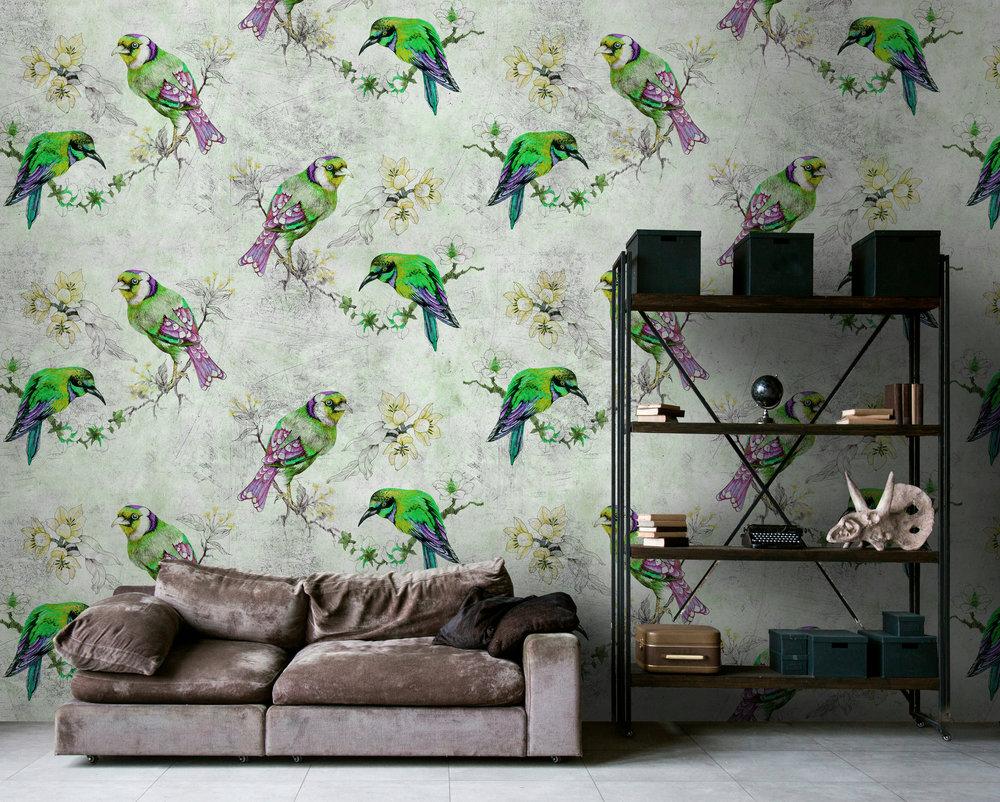 Love Birds - Custom Sized Wallpaper Mural (per m2) - Green/Grey