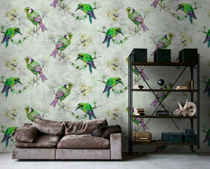 Love Birds - Custom Sized Wallpaper Mural (per m2) - Green/Grey