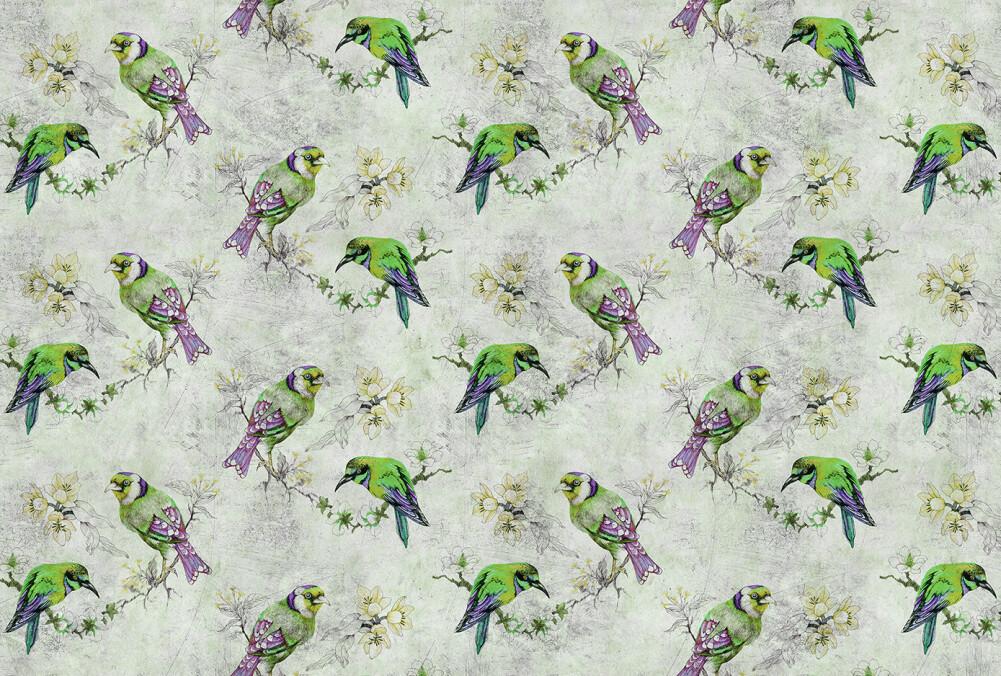 Love Birds - Custom Sized Wallpaper Mural (per m2) - Green/Grey