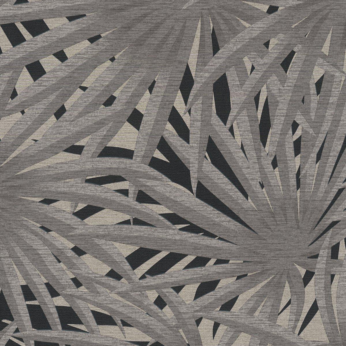 Marrakech Palms Wallpaper - Grey/Metallic Silver/Black