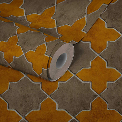 Moroccan Tile Wallpaper - Mustard/Grey - Discontinuing