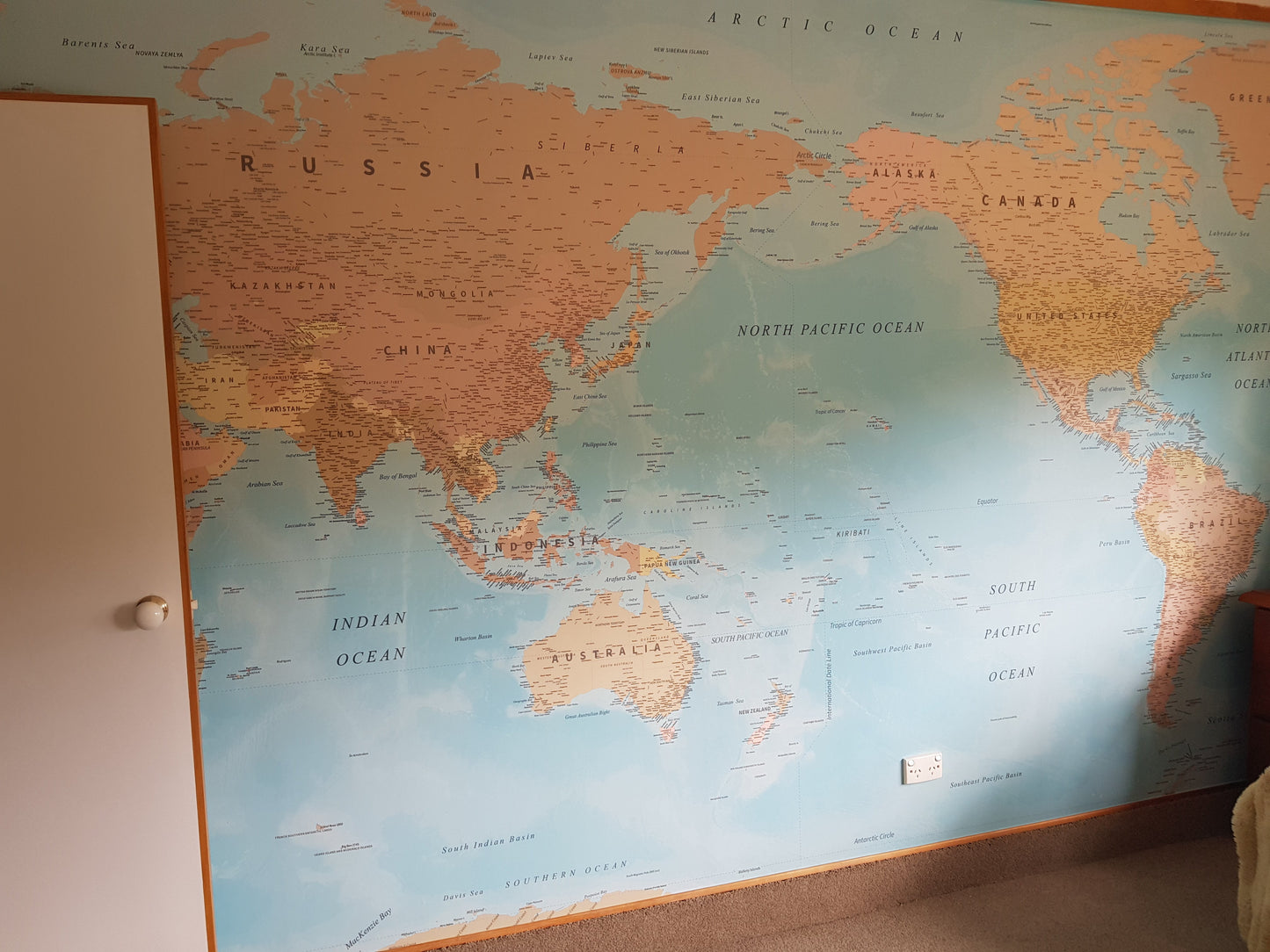 World Map NZ Centre - Dusky Blue - Custom Sized Wallpaper Mural
