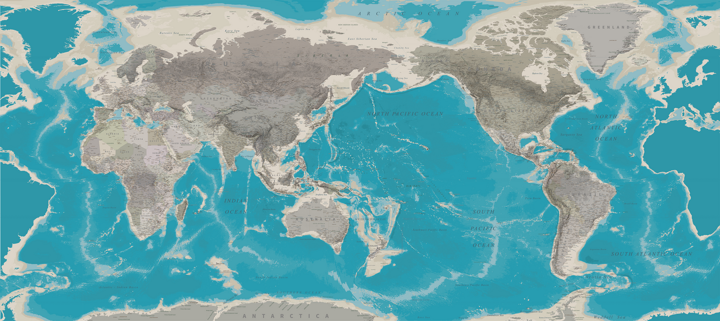 World Map NZ Centered - Blue/Grey - Custom Sized Wallpaper Mural