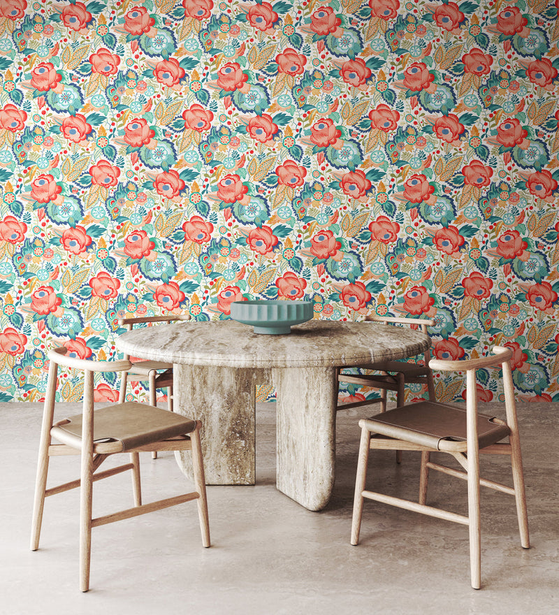 Emily Rose Wallpaper - Petrol and Coral