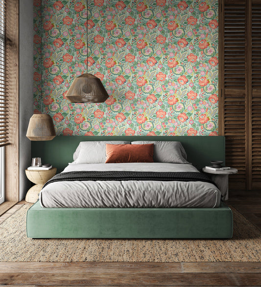 Emily Rose Wallpaper - Mint & Peach
