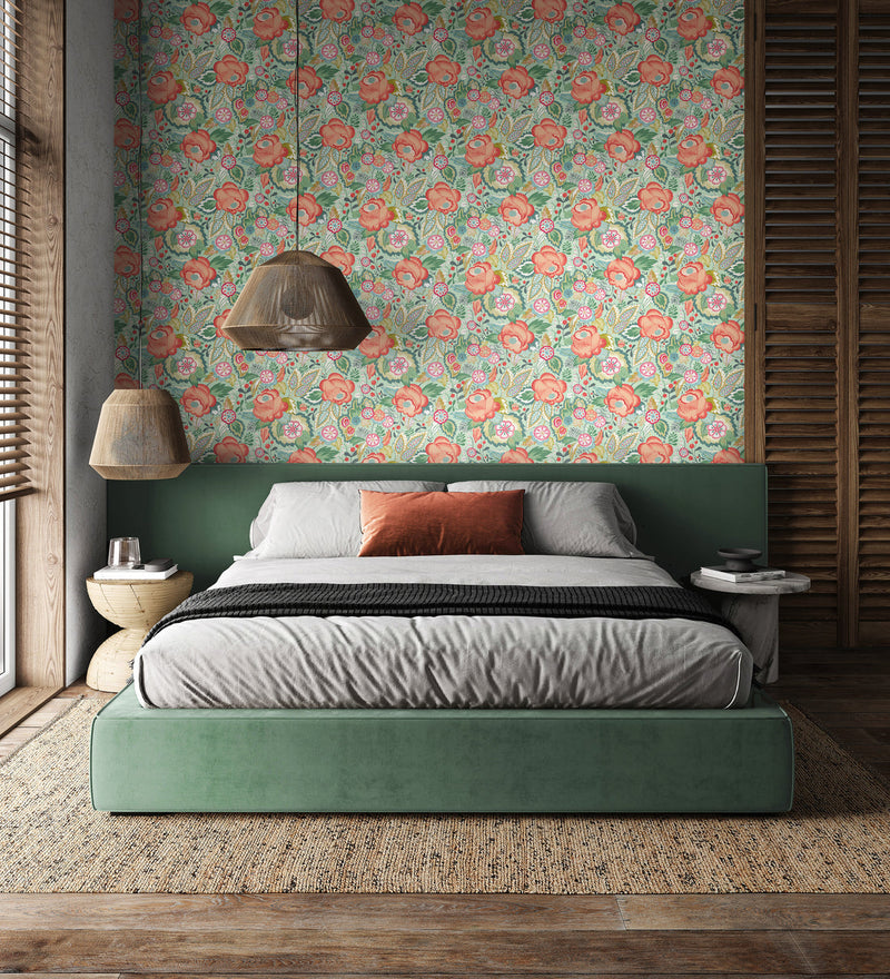 Emily Rose Wallpaper - Mint and Peach