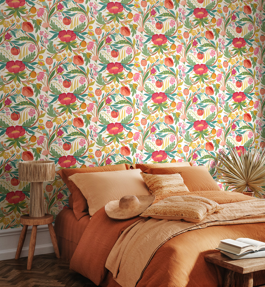 Clementine Wallpaper - Lipstick & Olive