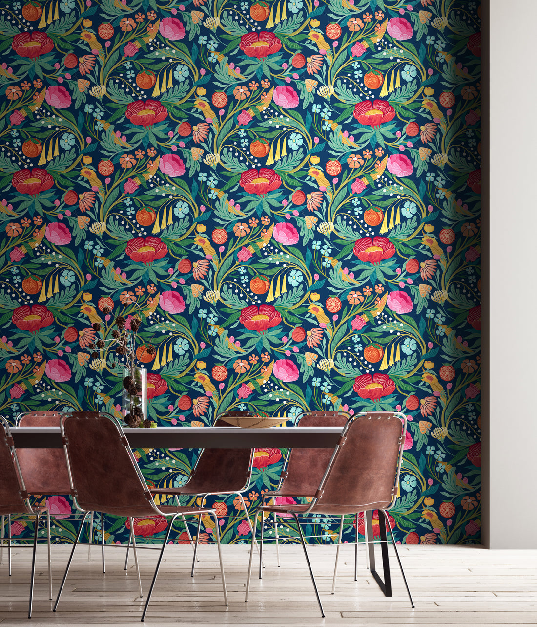Clementine Wallpaper - Ink & Flamingo