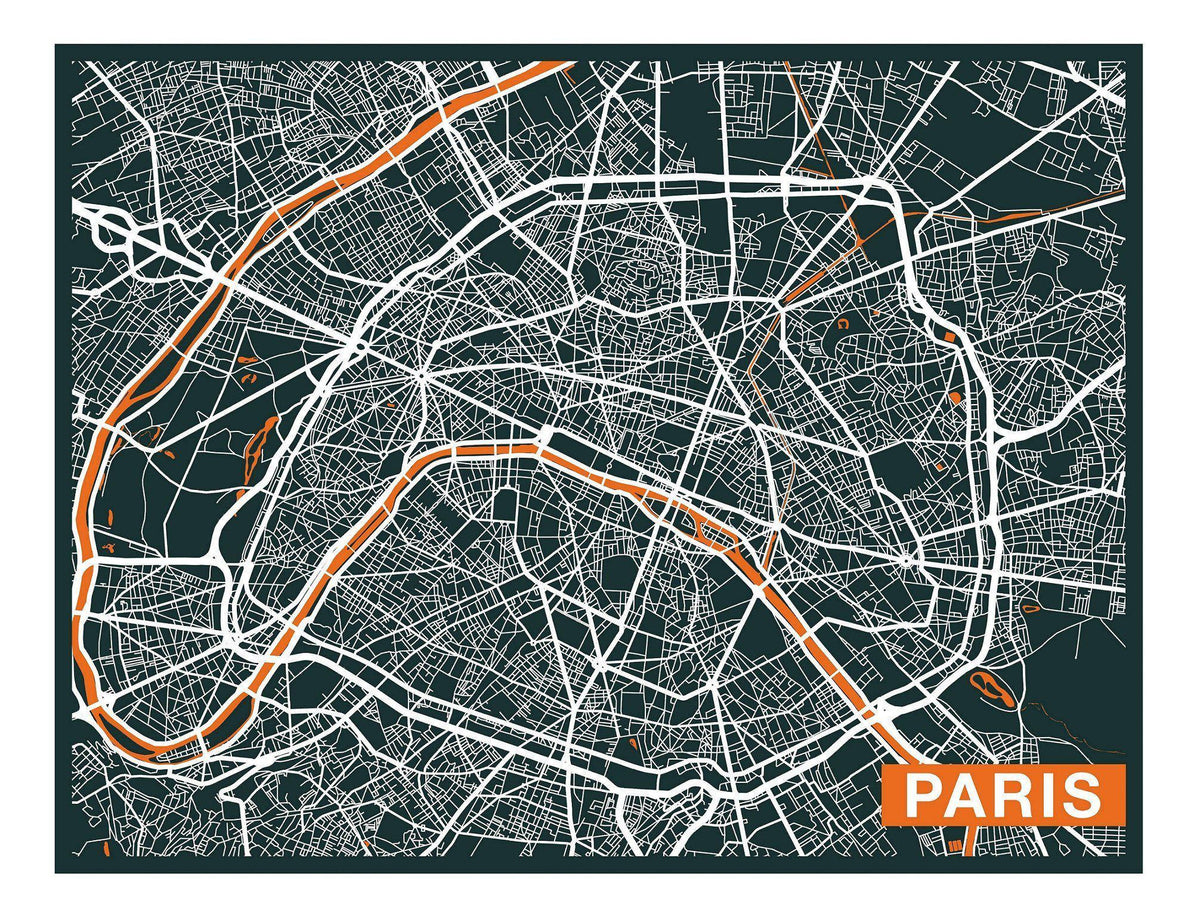 Paris City Art Map - Orange - Custom Sized Wallpaper Mural (per m2)