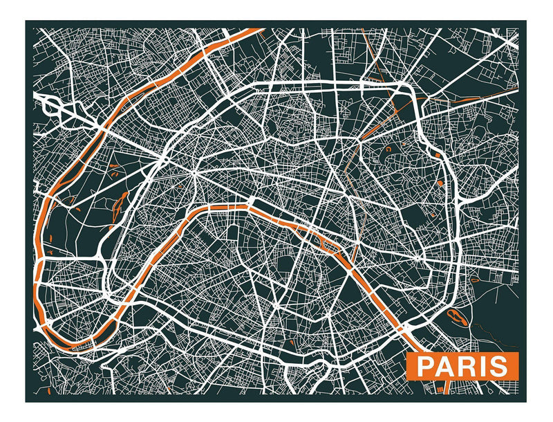 Paris City Art Map - Orange - Custom Sized Wallpaper Mural (per m2)