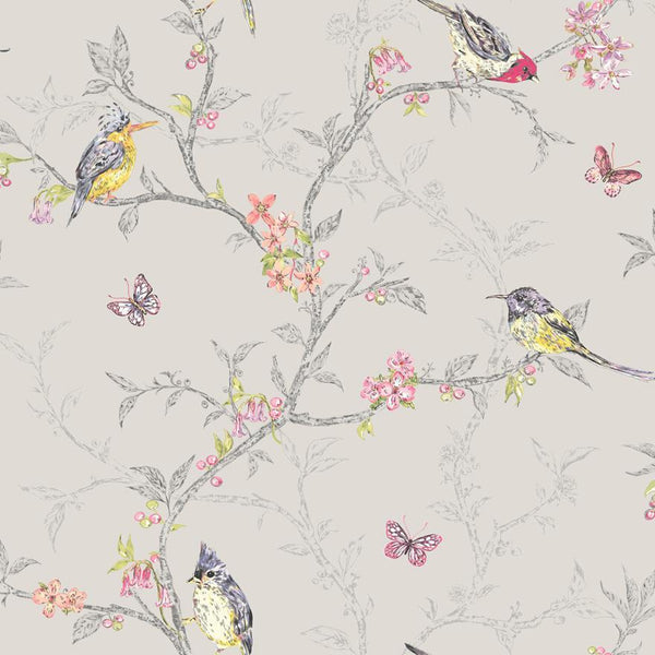 Sample - Phoebe - Birds on Trailing Branches Wallpaper - Dove Grey
