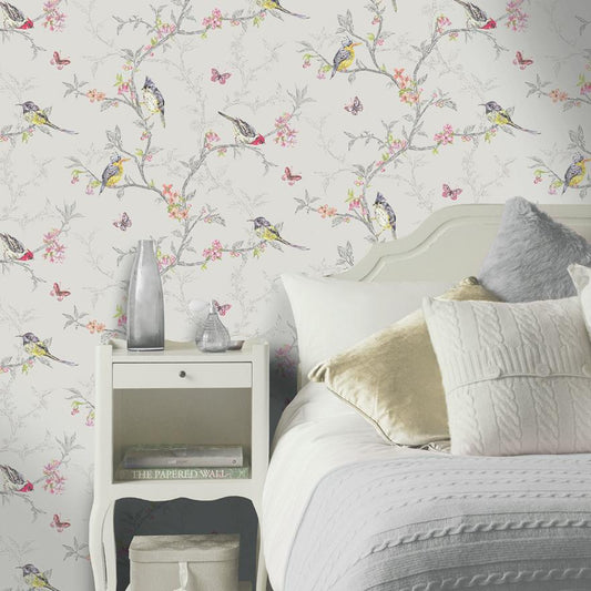 Phoebe Bird Wallpaper - Dove Grey - Discontinuing