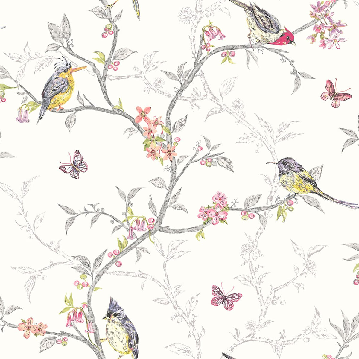 Sample - Phoebe - Birds on Trailing Branches Wallpaper - White