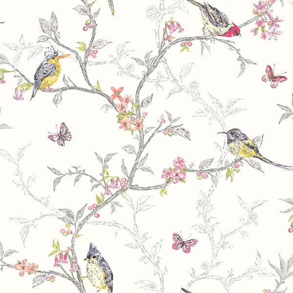 Sample - Phoebe - Birds on Trailing Branches Wallpaper - White