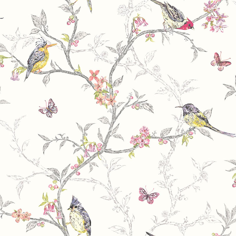 Phoebe - Birds on Trailing Branches Wallpaper - White