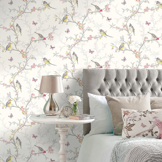 Phoebe - Birds on Trailing Branches Wallpaper - White - Discontinuing