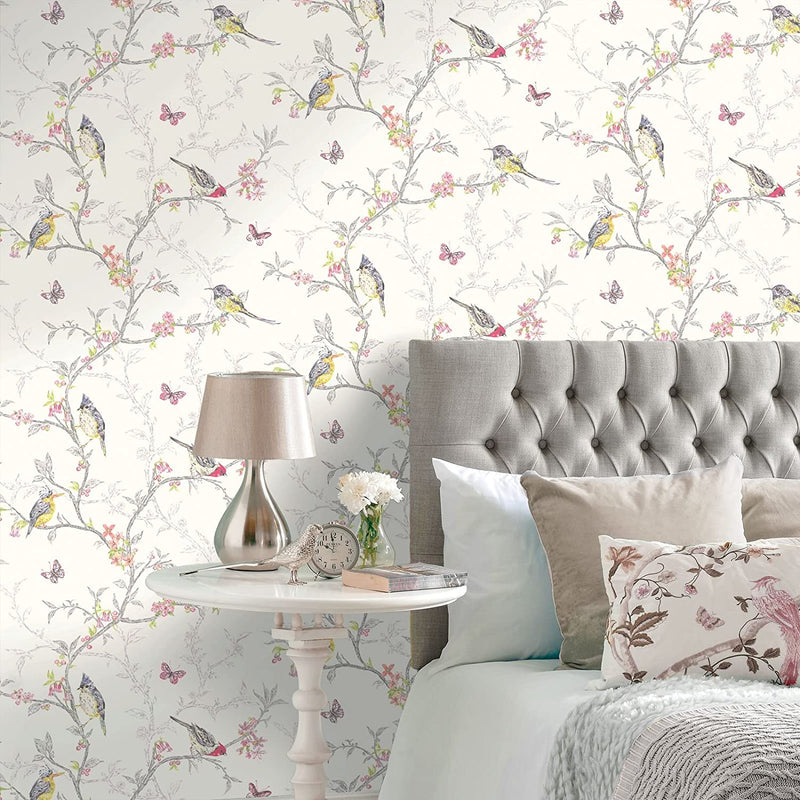 Phoebe - Birds on Trailing Branches Wallpaper - White
