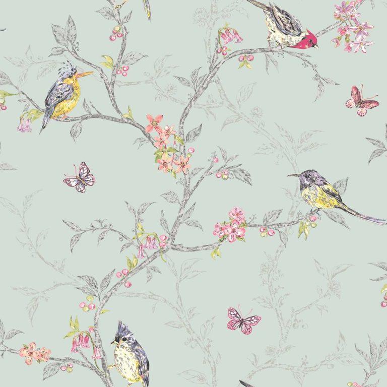 Phoebe - Birds on Trailing Branches Wallpaper - Soft Teal
