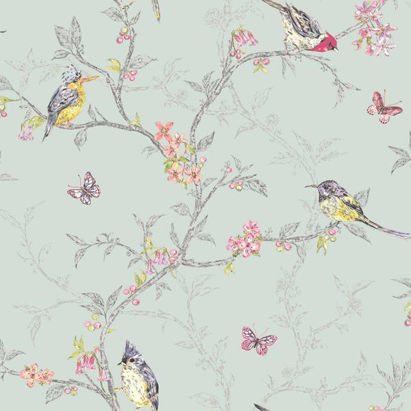 Sample - Phoebe - Birds on Trailing Branches Wallpaper - Soft Teal