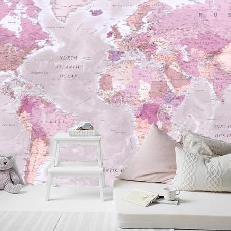 World Map - Pink - Custom Sized Wallpaper Mural (per m2)