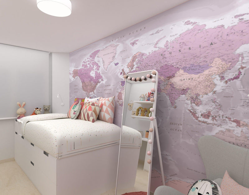 World Map - Pink - Custom Sized Wallpaper Mural (per m2)