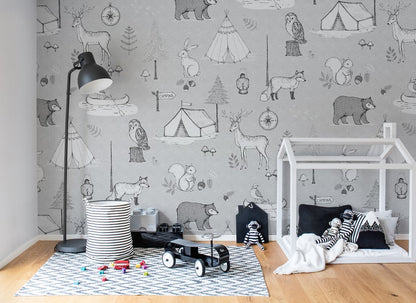 Camping Trip - Grey - Custom Sized Mural Wallpaper (per m2)