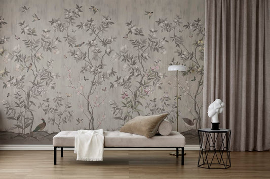 Chinoiserie Chic - Powder Beige - Custom Sized Wallpaper Mural (per m2)