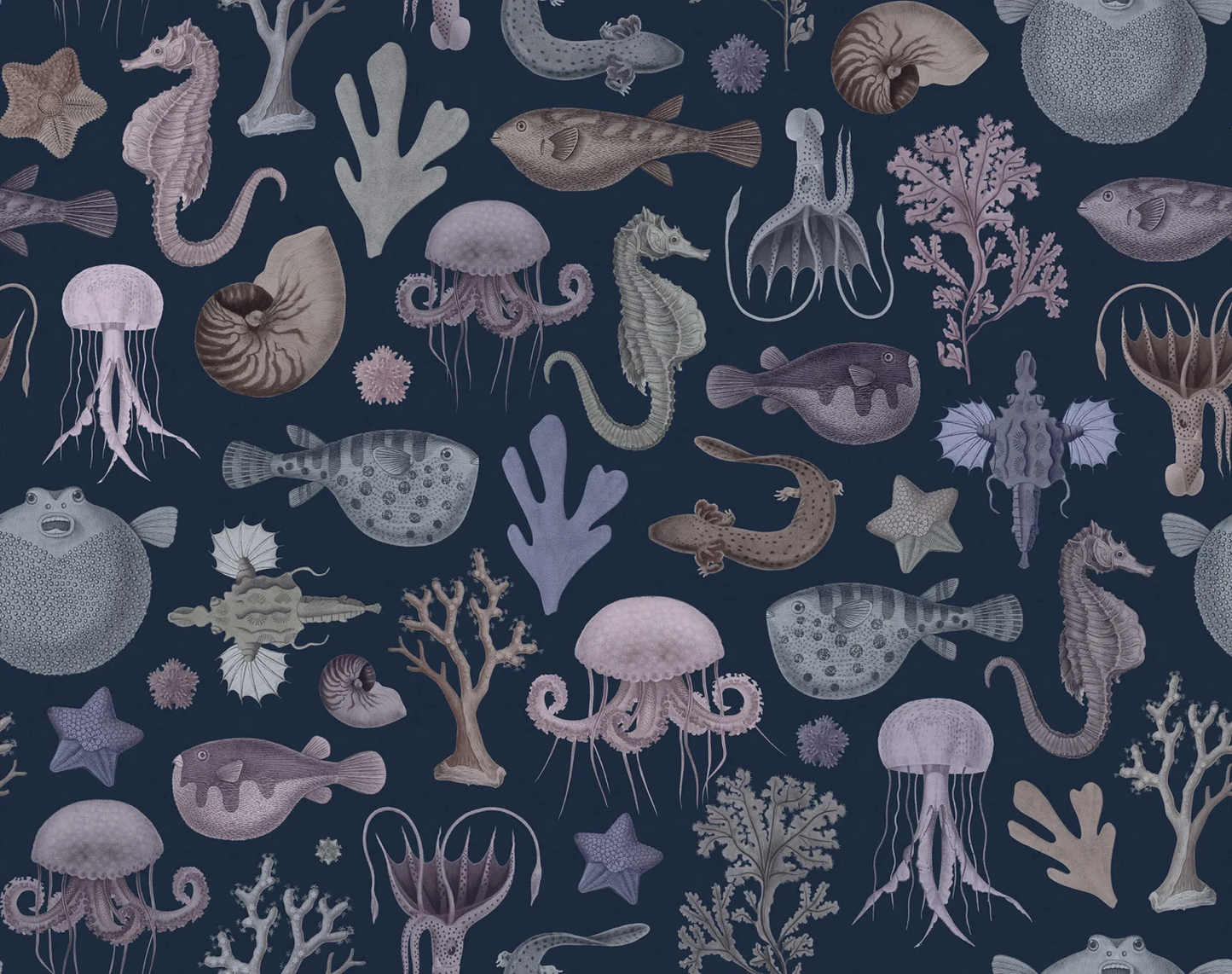 Sea Life - Navy Blue - Custom Sized Wallpaper Mural (per m2)