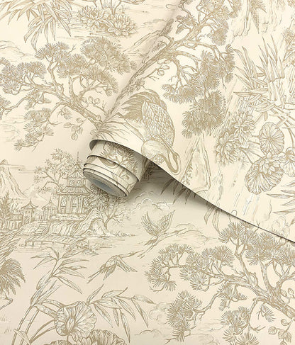 Natoru - Japanese Metallic Cranes Wallpaper - Cream/Gold