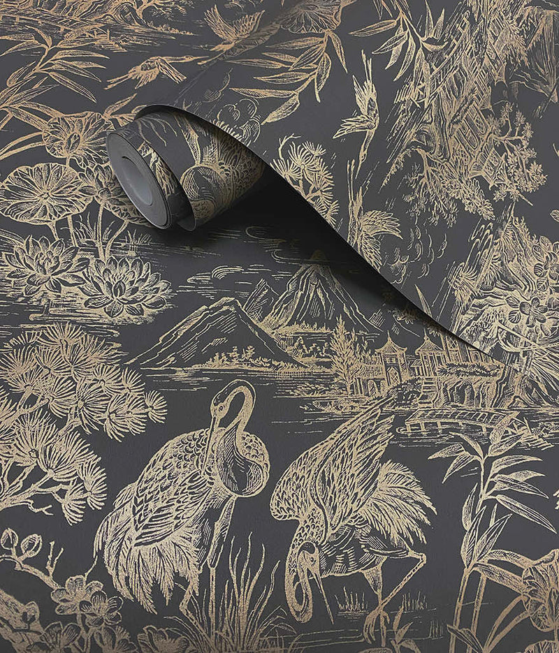 Natoru - Japanese Metallic Cranes Wallpaper - Charcoal/Gold