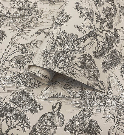 Natoru - Japanese Metallic Cranes Wallpaper - Cream/Charcoal