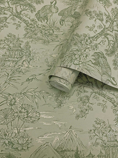 Natoru - Japanese Metallic Cranes Wallpaper - Sage