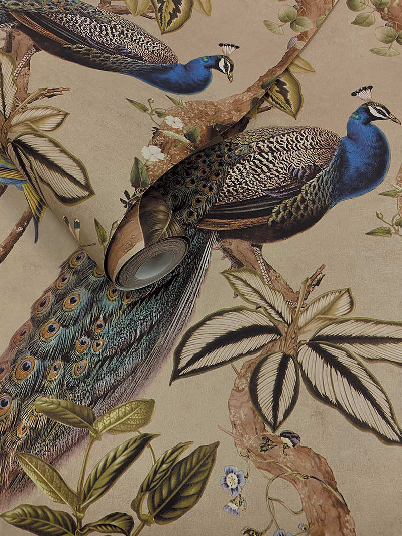Cassia - Exotic Peacock Wallpaper - Taupe