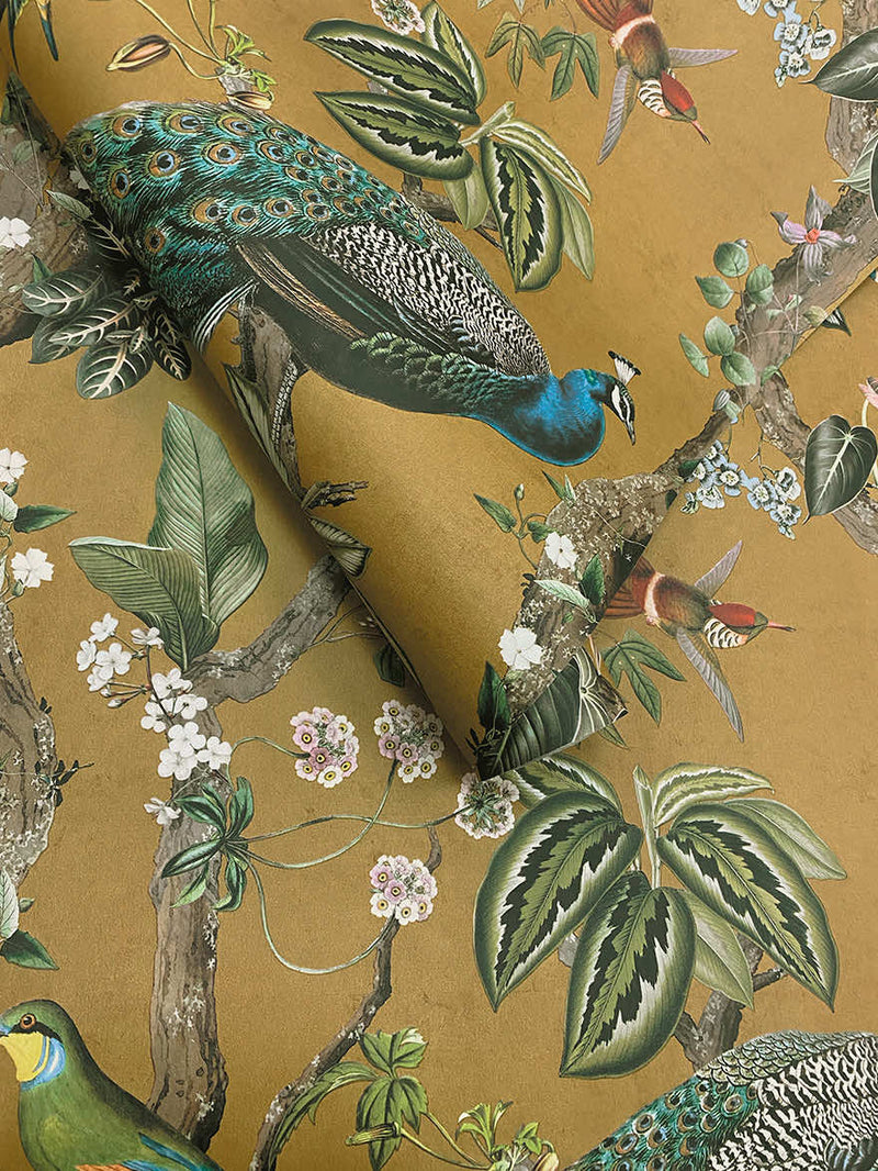 Cassia - Exotic Peacock Wallpaper - Ochre