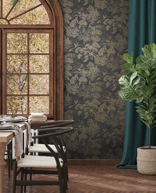 Natoru - Japanese Metallic Cranes Wallpaper - Charcoal/Gold