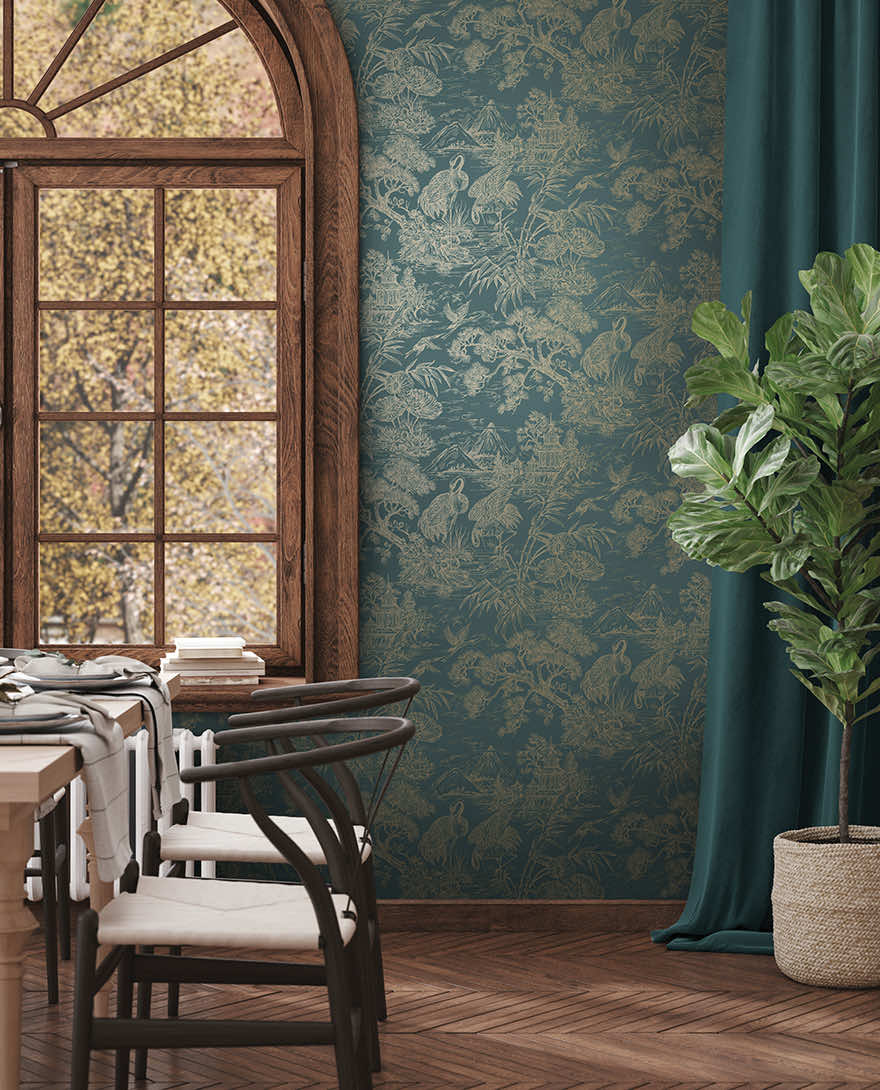 Natoru - Japanese Metallic Cranes Wallpaper - Green/Gold