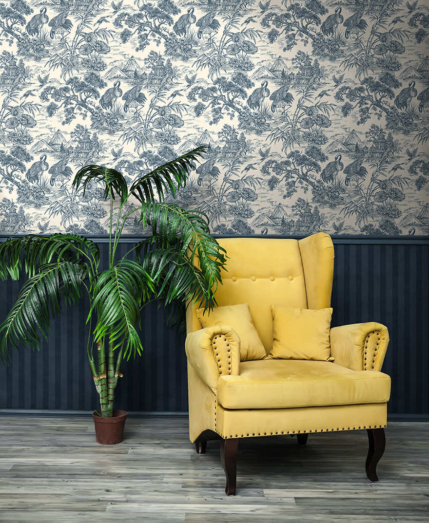 Natoru - Japanese Metallic Cranes Wallpaper - Navy/Cream