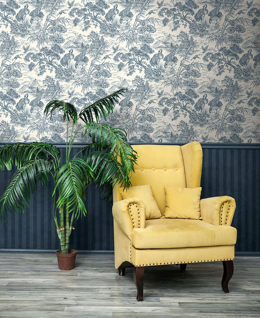 Natoru - Japanese Metallic Cranes Wallpaper - Navy/Cream