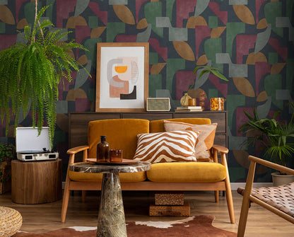 Geo Linnet - Geometric Wallpaper - Navy/Berry