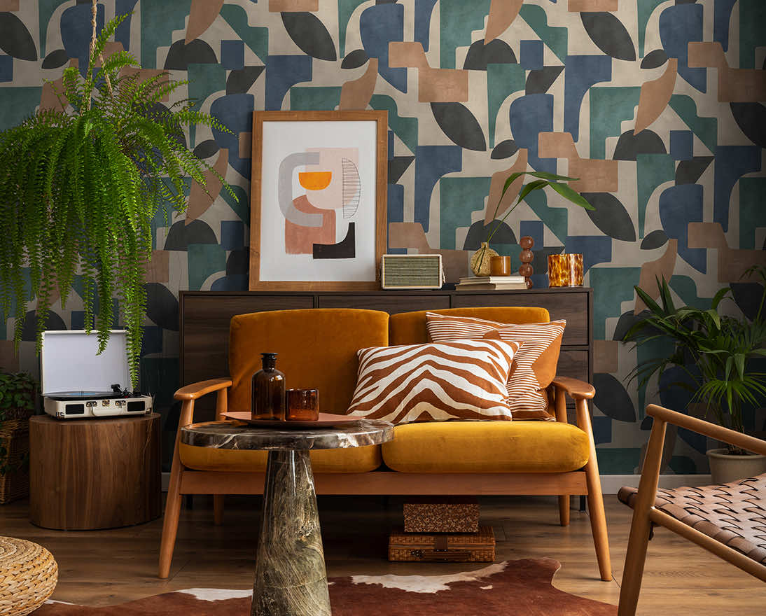 Geo Linnet - Geometric Wallpaper - Taupe/Aqua